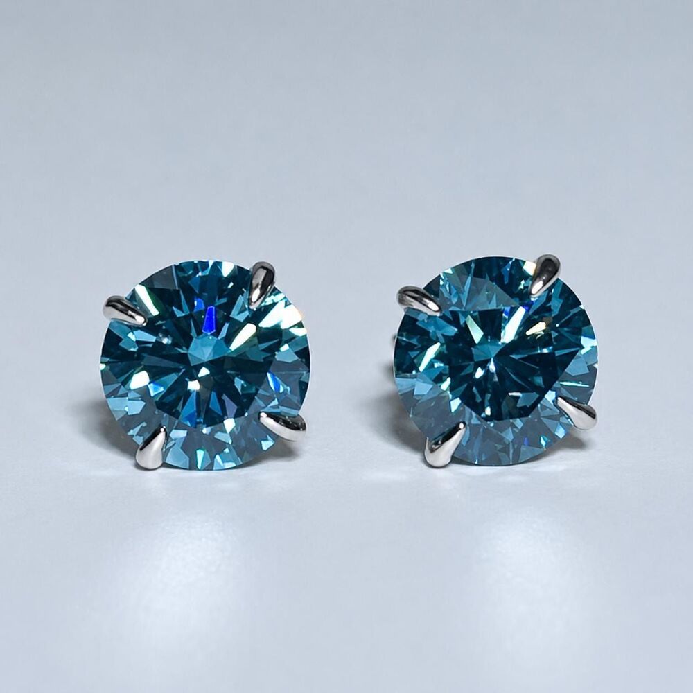 Blue Diamond Lab Grown Round Stud Earrings 14kt white gold 2.88ct IGI Certified